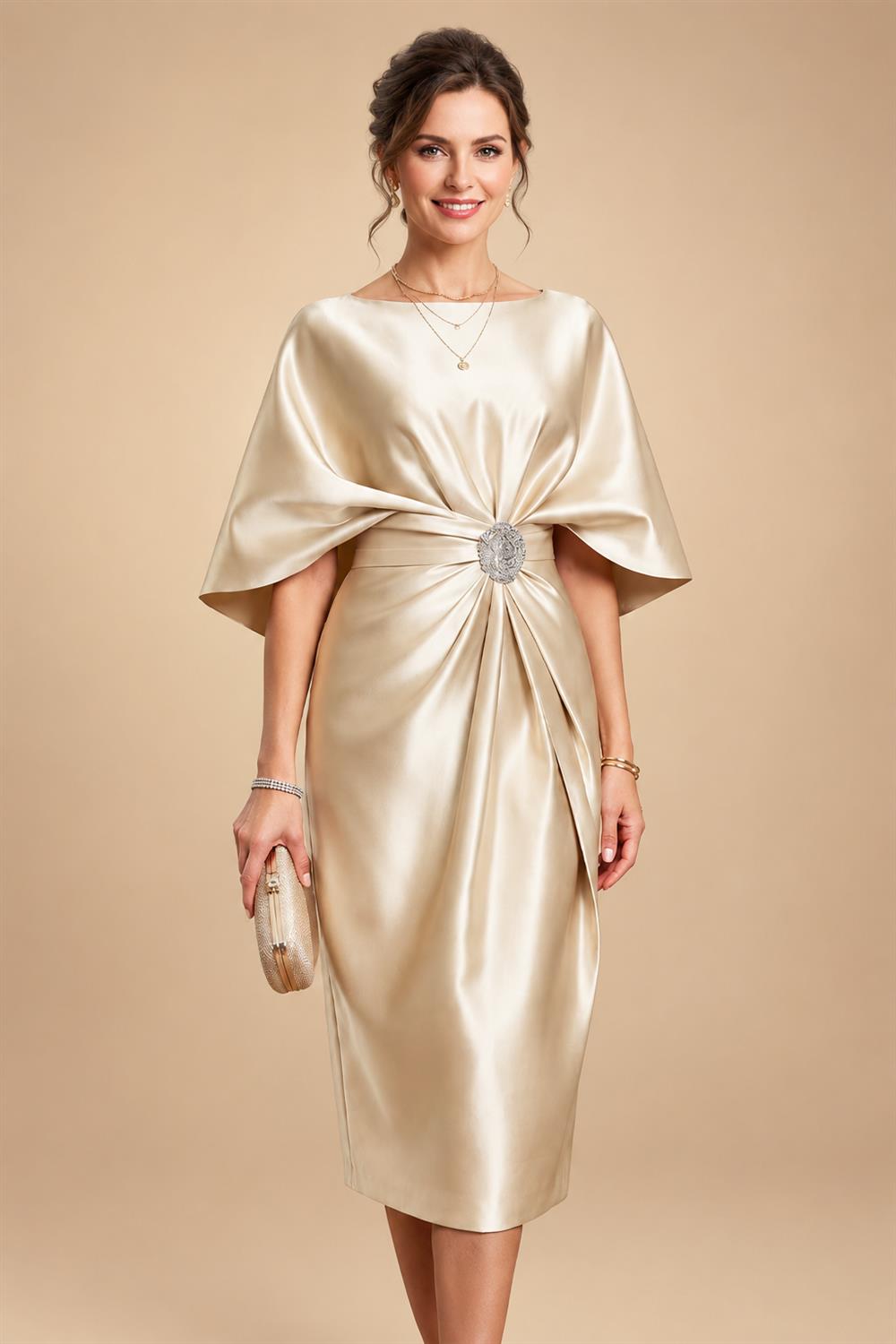 Sheath/Column Scoop Neck Satin Tea-Length Mother of the Bride & Groom Dresses with Ruched Waist (SHI22501621)