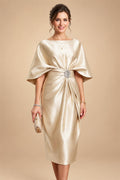 Sheath/Column Scoop Neck Satin Tea-Length Mother of the Bride & Groom Dresses with Ruched Waist (SHI22501621)