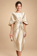 Sheath/Column Scoop Neck Satin Tea-Length Mother of the Bride & Groom Dresses with Ruched Waist (SHI22501621)
