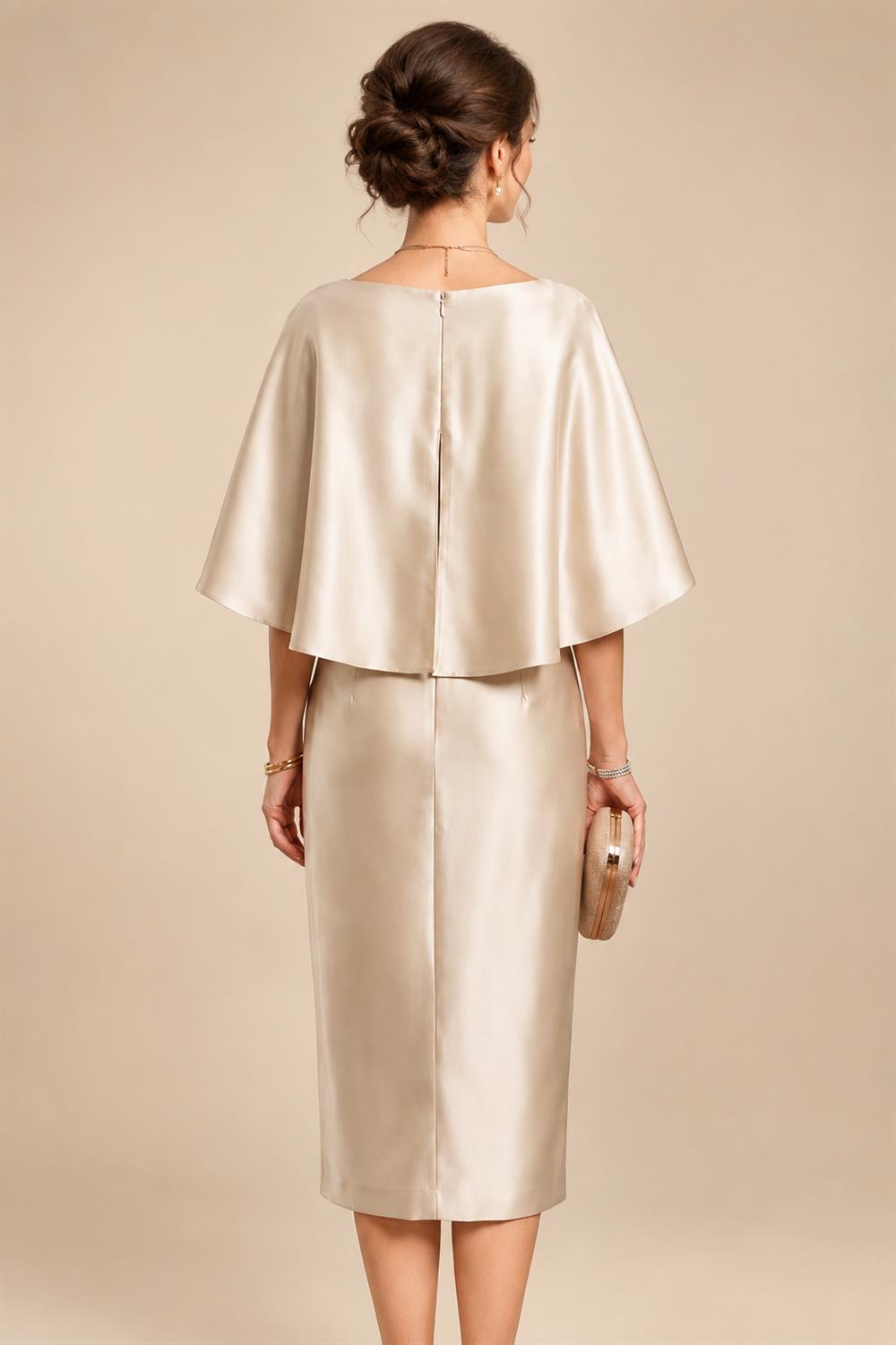 Sheath/Column Scoop Neck Satin Tea-Length Mother of the Bride & Groom Dresses with Ruched Waist (SHI22501621)