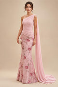 Mermaid/Trumpet One Shoulder Floral Embroidery Maxi Mother of the Bride & Groom Dresses with Side Sash & Ruched Waist (SHI22501626)