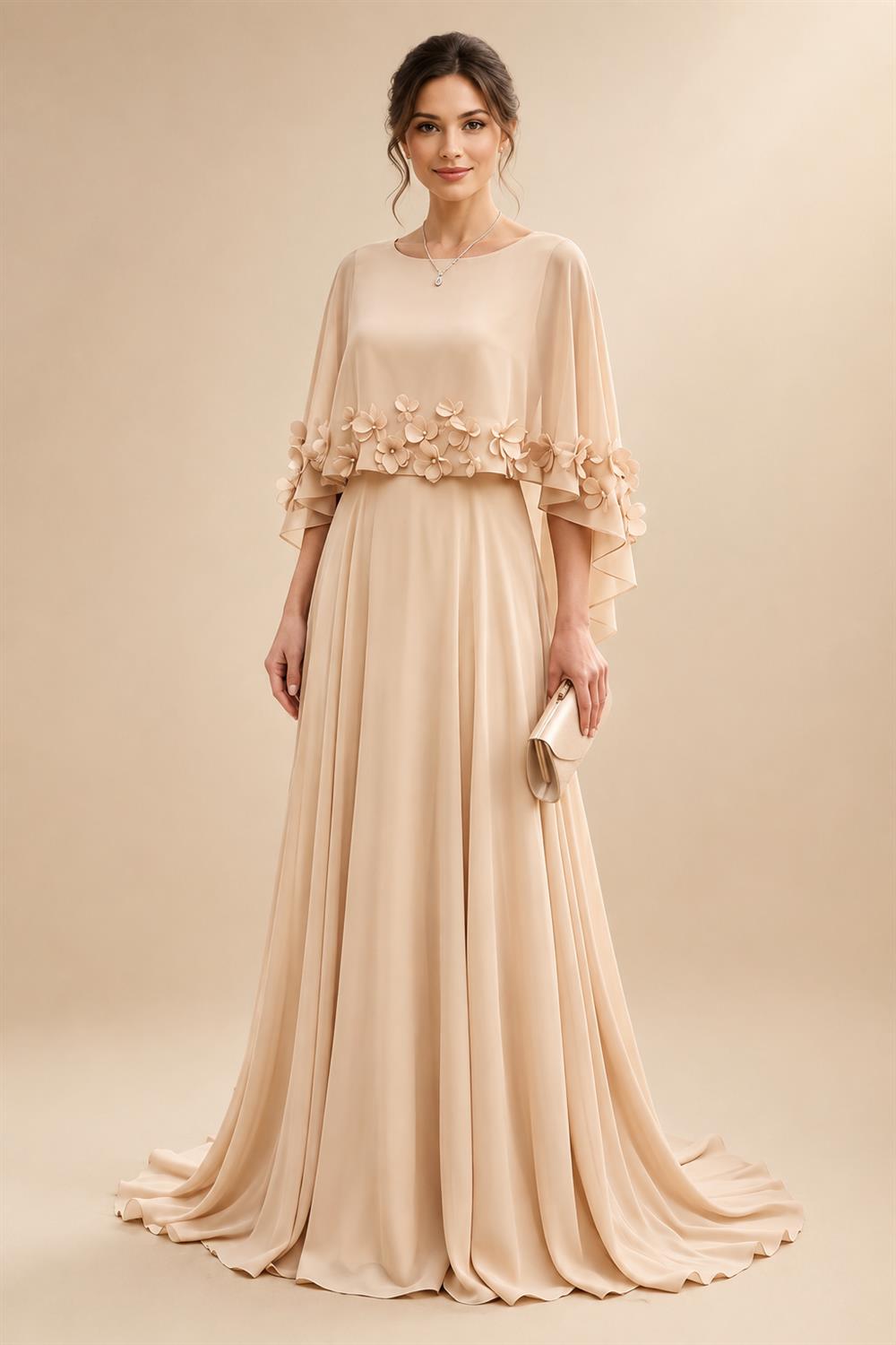 A-Line/Princess Scoop Neck Chiffon Maxi Mother of the Bride & Groom Dresses with 3D Flowers, Sweep Train & Pleats (SHI22501627)