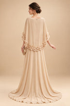 A-Line/Princess Scoop Neck Chiffon Maxi Mother of the Bride & Groom Dresses with 3D Flowers, Sweep Train & Pleats (SHI22501627)