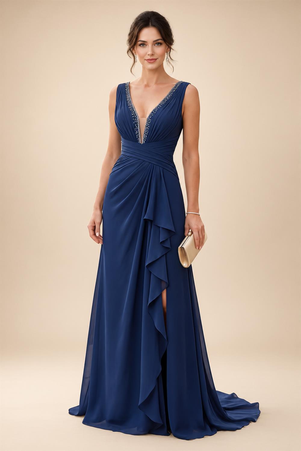 A-Line/Princess V-Neck Chiffon Maxi Mother of the Bride & Groom Dresses with Ruffles, Slit, Ruched Waist & Rhinestones (SHI22501628)