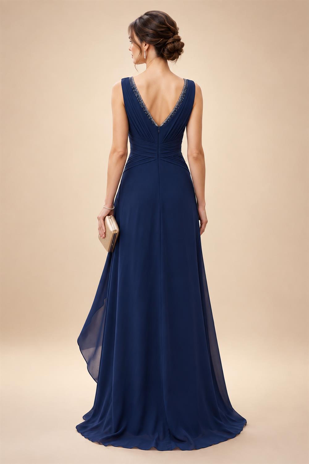 A-Line/Princess V-Neck Chiffon Maxi Mother of the Bride & Groom Dresses with Ruffles, Slit, Ruched Waist & Rhinestones (SHI22501628)