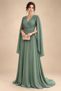 A-Line/Princess V-Neck Chiffon Maxi Mother of the Bride & Groom Dresses with Side Sash, Sweep Train & Ruched Bodice (SHI22501629)