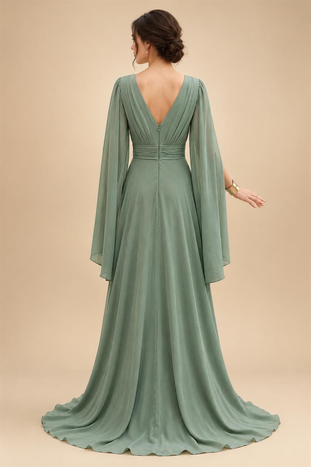 A-Line/Princess V-Neck Chiffon Maxi Mother of the Bride & Groom Dresses with Side Sash, Sweep Train & Ruched Bodice (SHI22501629)