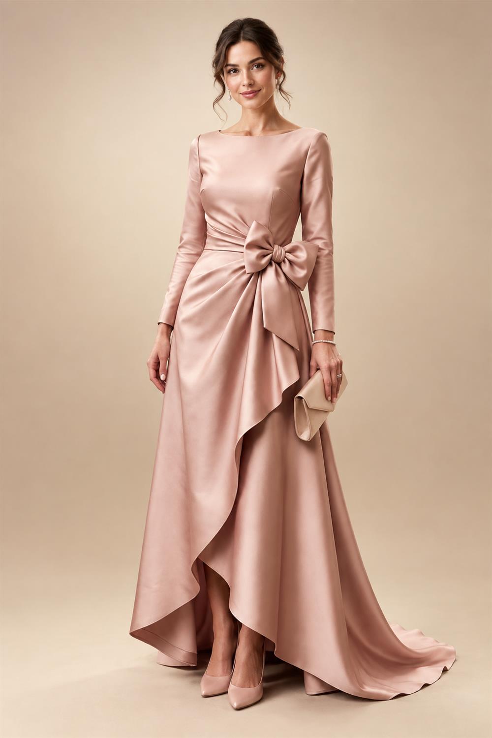A-Line/Princess Scoop Neck Satin High-Low Mother of the Bride & Groom Dresses with Ruffles & Bow (SHI22501630)