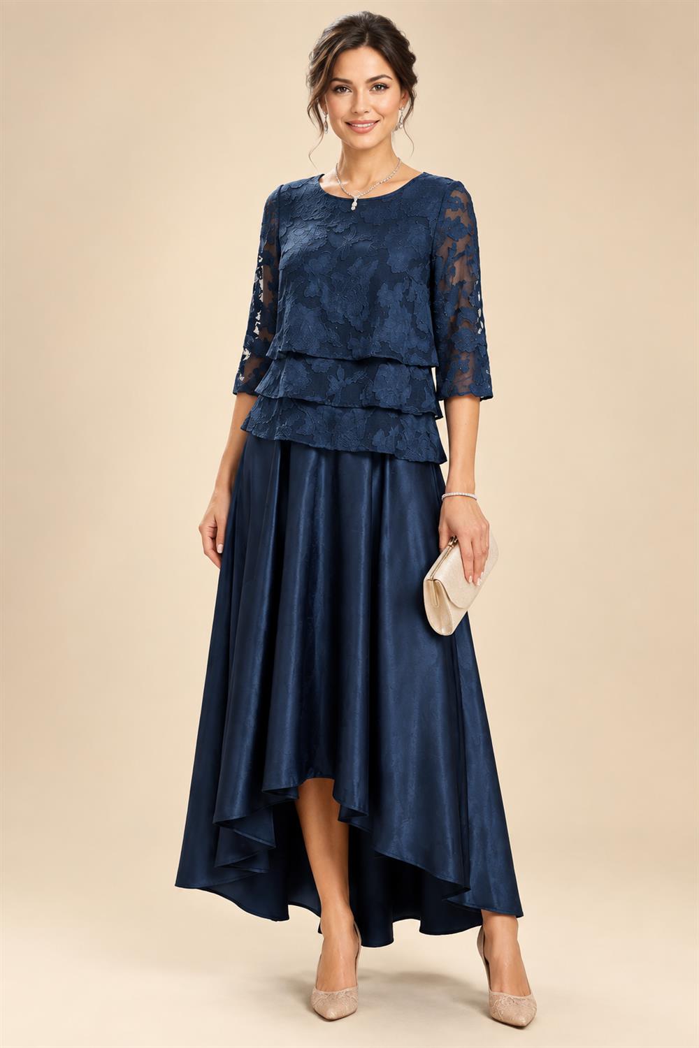 A-Line/Princess Scoop Neck Satin High-Low Mother of the Bride & Groom Dresses with Lace Appliques, Ruffles & Pleats (SHI22501633)
