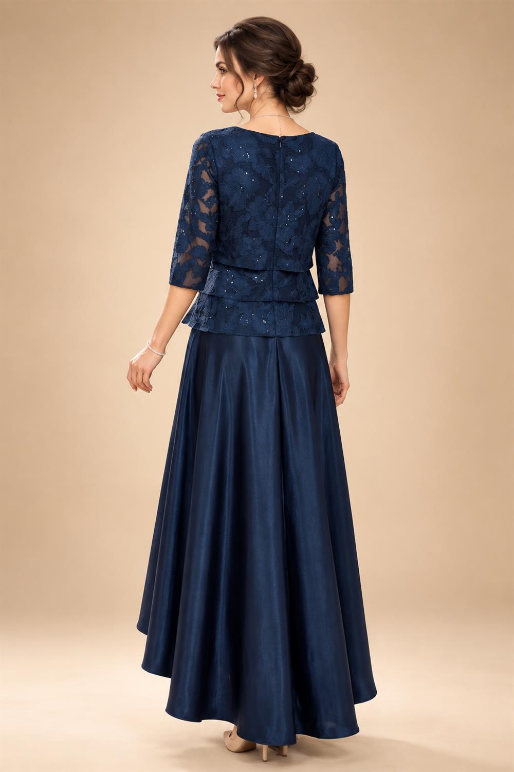 A-Line/Princess Scoop Neck Satin High-Low Mother of the Bride & Groom Dresses with Lace Appliques, Ruffles & Pleats (SHI22501633)