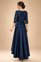 A-Line/Princess Scoop Neck Satin High-Low Mother of the Bride & Groom Dresses with Lace Appliques, Ruffles & Pleats (SHI22501633)