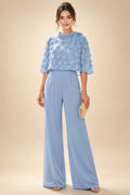 Jumpsuit Scoop Neck Chiffon Maxi Mother of the Bride Pantsuits with 3D Flowers & Bow (SHI22501634)