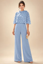 Jumpsuit Scoop Neck Chiffon Maxi Mother of the Bride Pantsuits with 3D Flowers & Bow (SHI22501634)