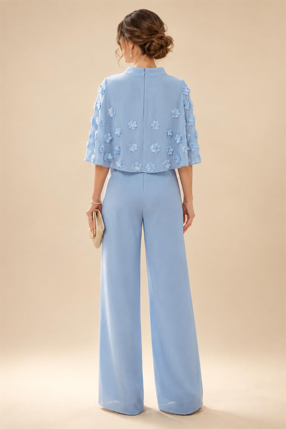 Jumpsuit Scoop Neck Chiffon Maxi Mother of the Bride Pantsuits with 3D Flowers & Bow (SHI22501634)