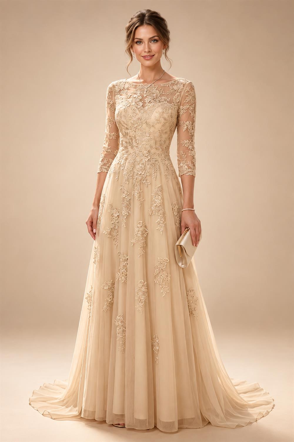A-Line/Princess Scoop Neck Chiffon Maxi Mother of the Bride & Groom Dresses with Lace Appliques, Sweep Train & Pleats (SHI22501636)