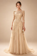 A-Line/Princess Scoop Neck Chiffon Maxi Mother of the Bride & Groom Dresses with Lace Appliques, Sweep Train & Pleats (SHI22501636)