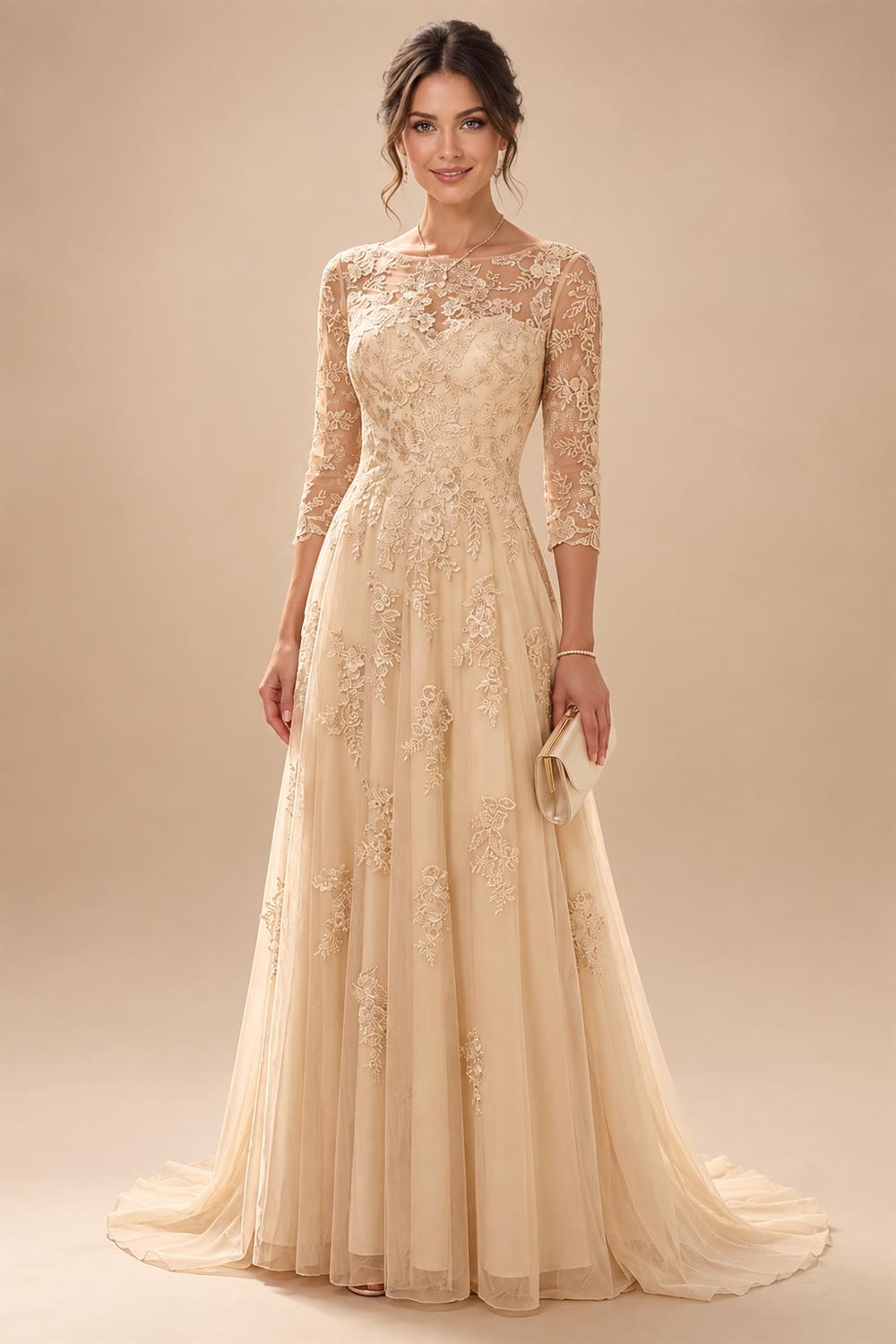 A-Line/Princess Scoop Neck Chiffon Maxi Mother of the Bride & Groom Dresses with Lace Appliques, Sweep Train & Pleats (SHI22501636)