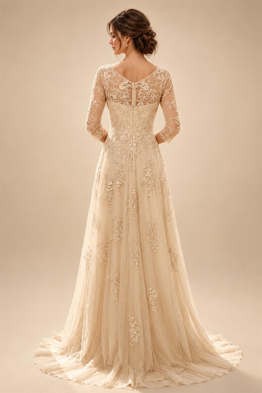 A-Line/Princess Scoop Neck Chiffon Maxi Mother of the Bride & Groom Dresses with Lace Appliques, Sweep Train & Pleats (SHI22501636)