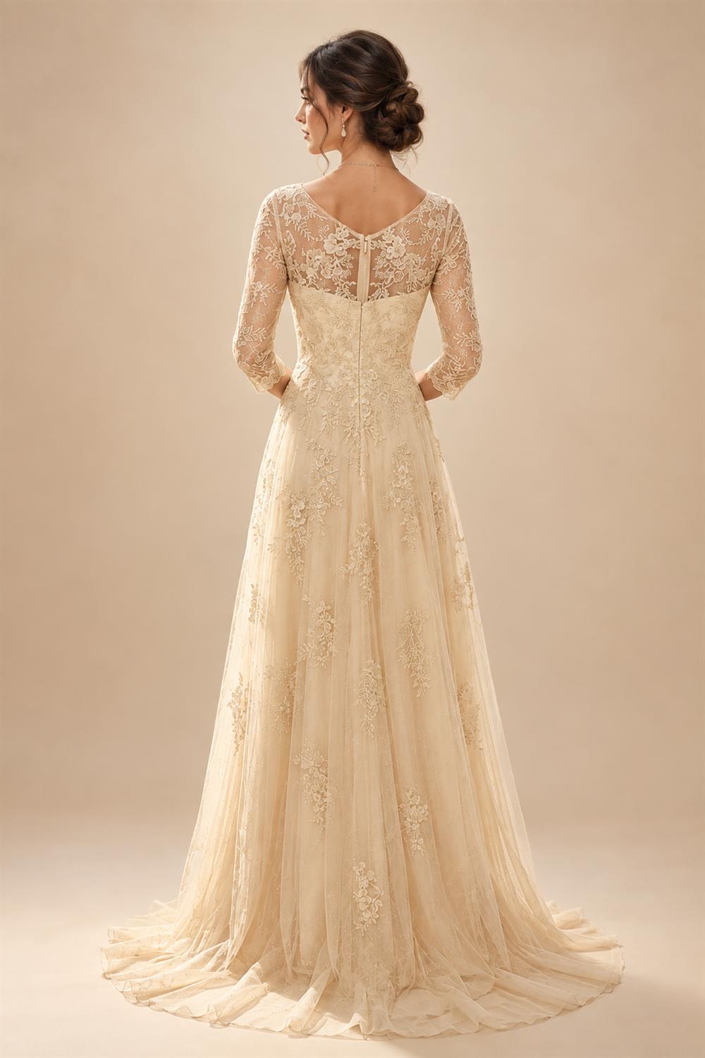 A-Line/Princess Scoop Neck Chiffon Maxi Mother of the Bride & Groom Dresses with Lace Appliques, Sweep Train & Pleats (SHI22501636)