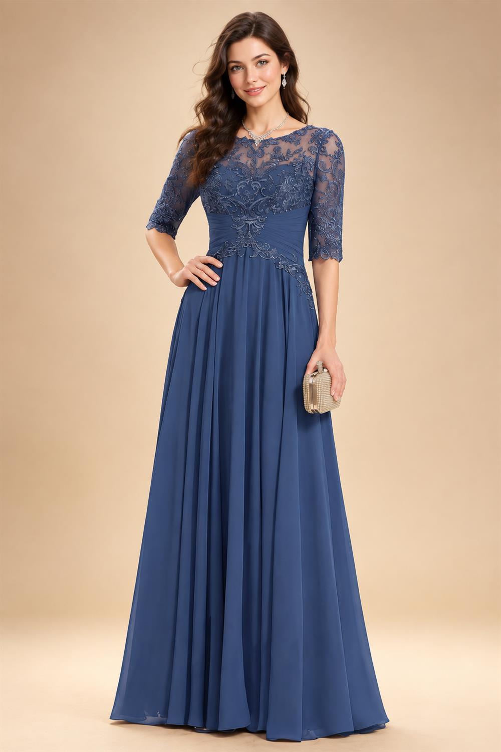 A-Line/Princess Scoop Neck Chiffon Maxi Mother of the Bride & Groom Dresses with Lace Appliques & Pleats (SHI22501638)