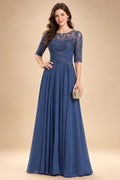 A-Line/Princess Scoop Neck Chiffon Maxi Mother of the Bride & Groom Dresses with Lace Appliques & Pleats (SHI22501638)