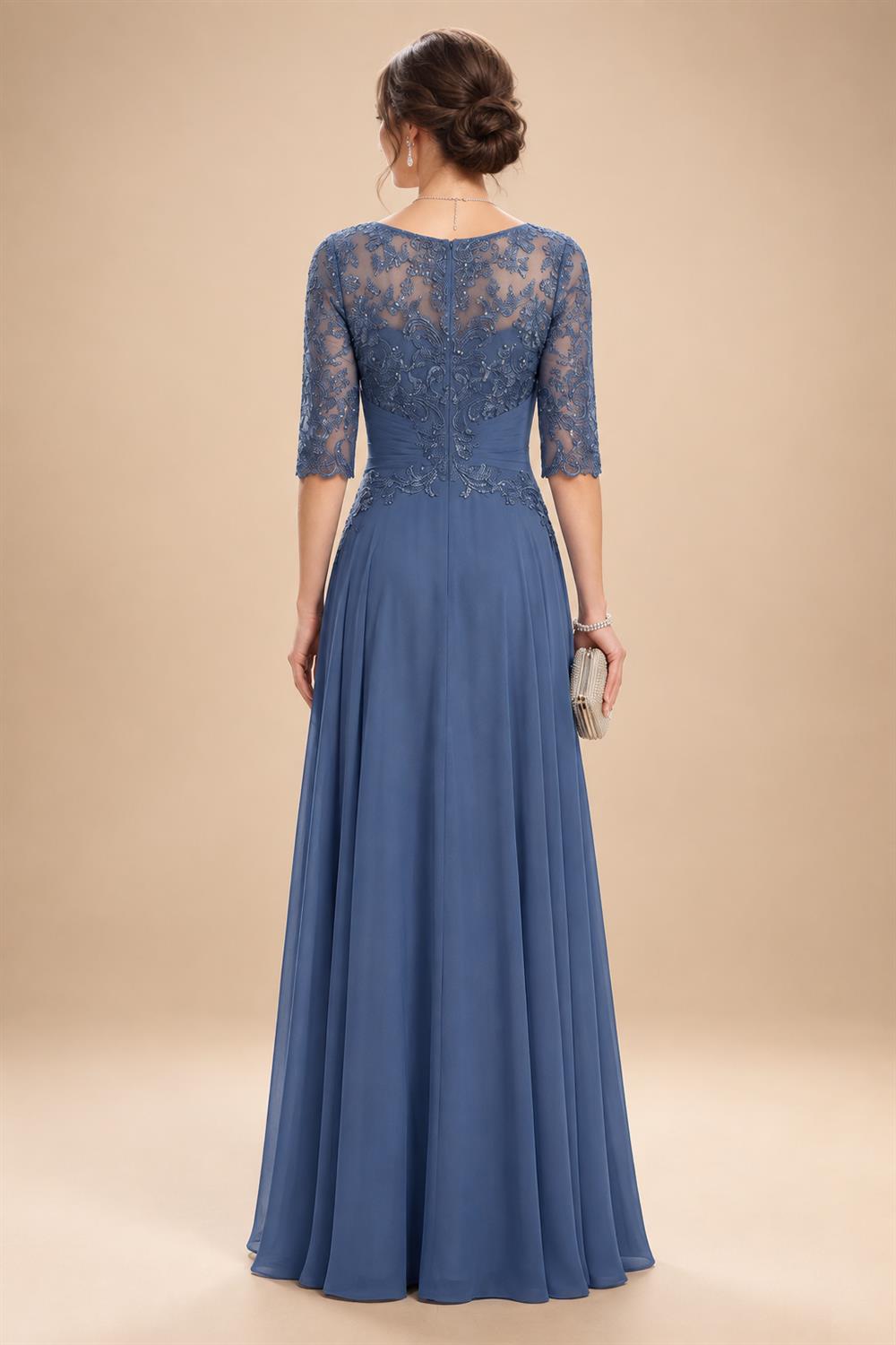 A-Line/Princess Scoop Neck Chiffon Maxi Mother of the Bride & Groom Dresses with Lace Appliques & Pleats (SHI22501638)