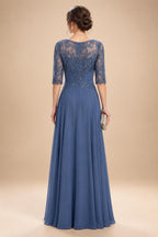 A-Line/Princess Scoop Neck Chiffon Maxi Mother of the Bride & Groom Dresses with Lace Appliques & Pleats (SHI22501638)