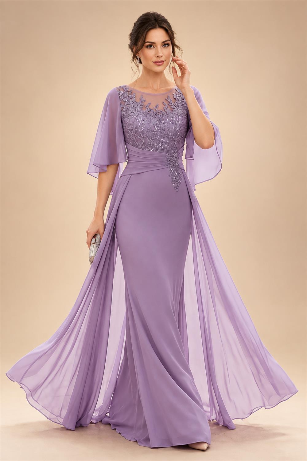 Sheath/Column Scoop Neck Chiffon Maxi Mother of the Bride & Groom Dresses with Lace Appliques, Sweep Train & Ruched Waist (SHI22501642)