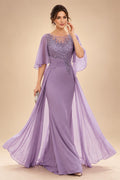 Sheath/Column Scoop Neck Chiffon Maxi Mother of the Bride & Groom Dresses with Lace Appliques, Sweep Train & Ruched Waist (SHI22501642)
