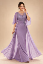 Sheath/Column Scoop Neck Chiffon Maxi Mother of the Bride & Groom Dresses with Lace Appliques, Sweep Train & Ruched Waist (SHI22501642)