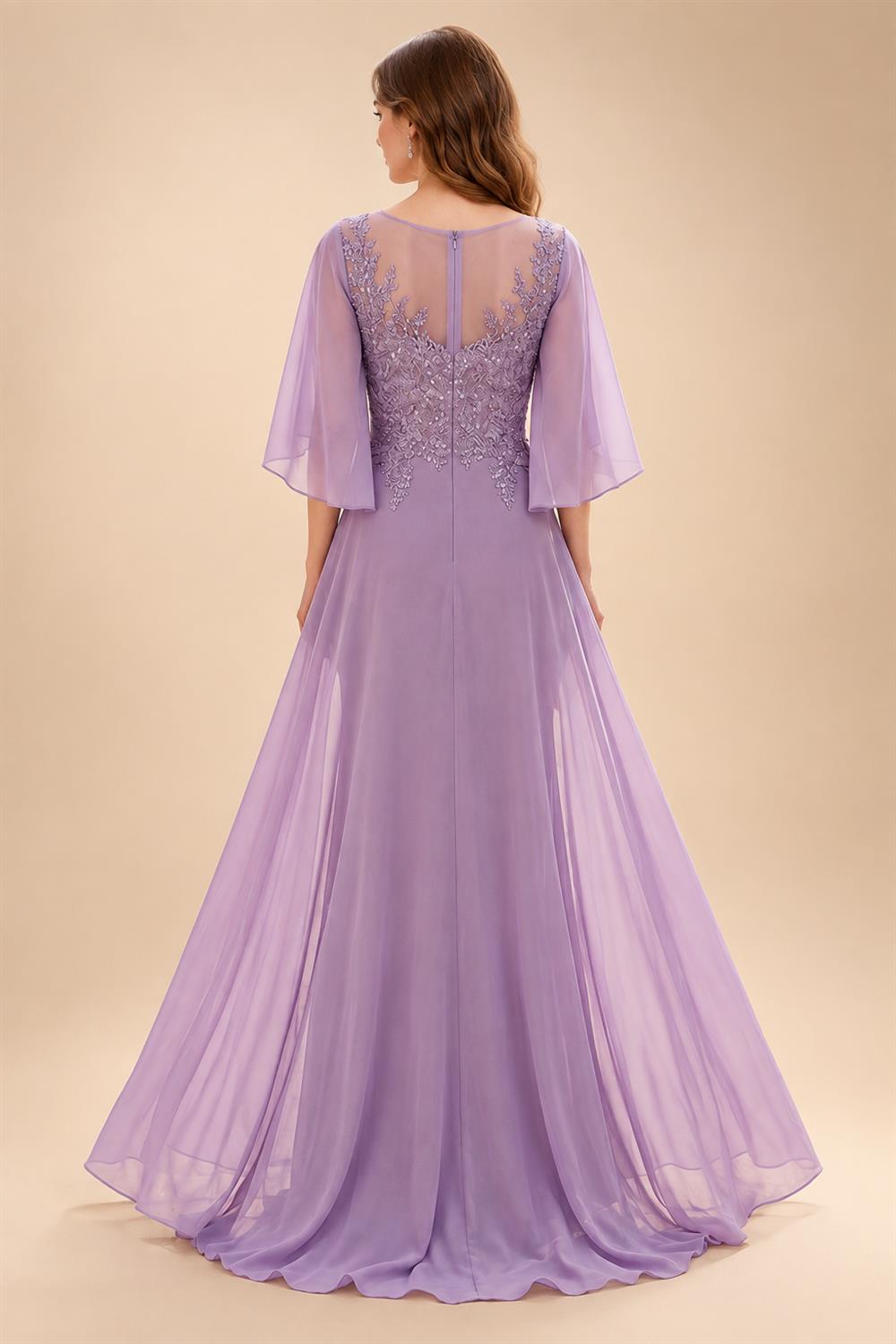 Sheath/Column Scoop Neck Chiffon Maxi Mother of the Bride & Groom Dresses with Lace Appliques, Sweep Train & Ruched Waist (SHI22501642)