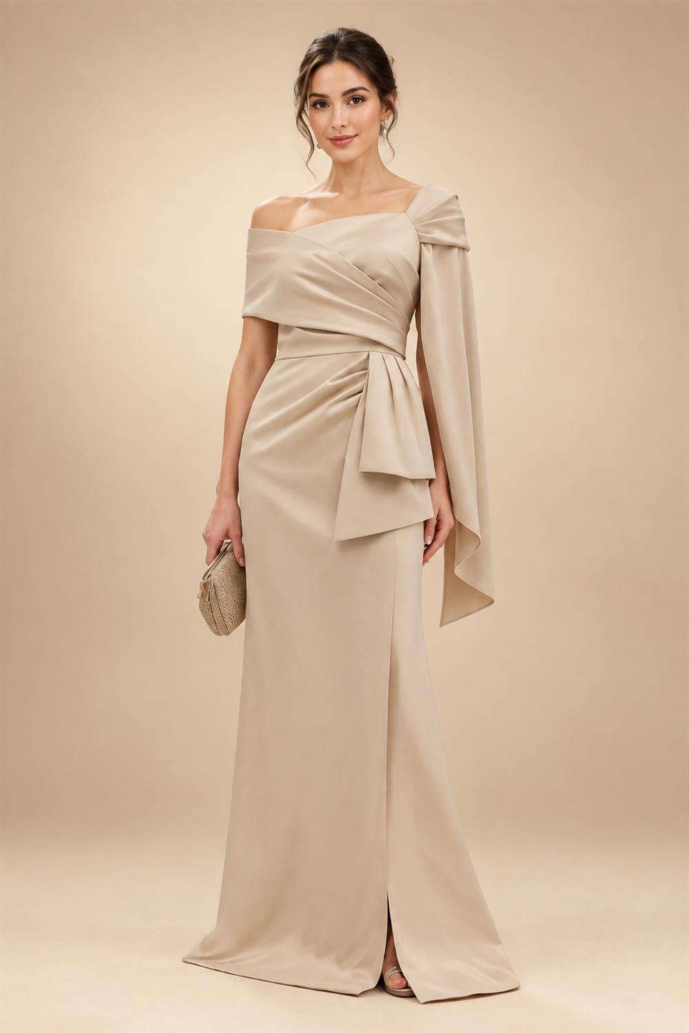 Sheath/Column Asymmetric Neck Satin Maxi Mother of the Bride & Groom Dresses with Side Sash, Slit & Ruched Waist (SHI22501643)