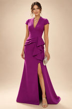 Sheath/Column V-Neck Jacquard Maxi Mother of the Bride & Groom Dresses with Ruffles & Slit (SHI25001047)