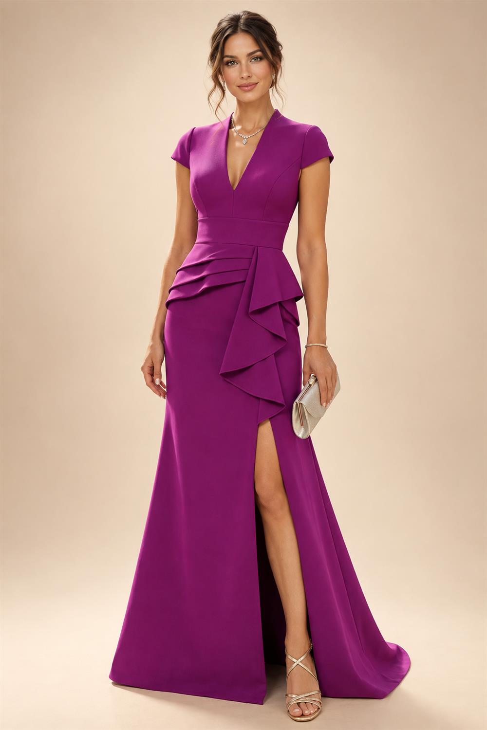 Sheath/Column V-Neck Jacquard Maxi Mother of the Bride & Groom Dresses with Ruffles & Slit (SHI25001047)