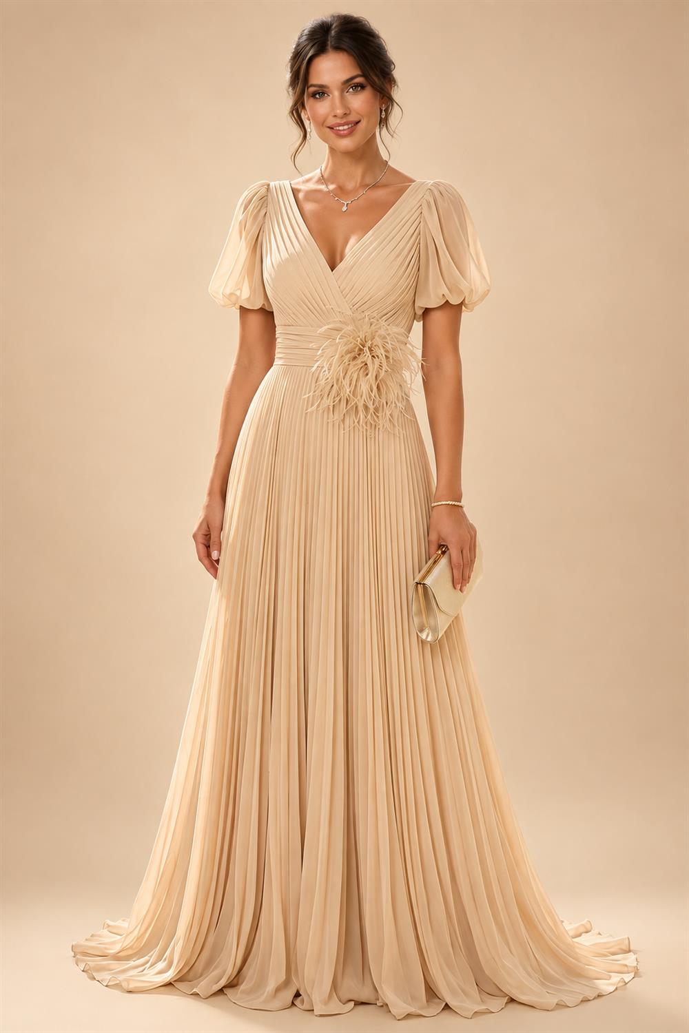 A-Line/Princess V-Neck Chiffon Maxi Mother of the Bride & Groom Dresses with Feather Trim & Pleats (SHI22501651)