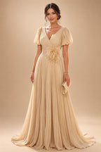 A-Line/Princess Scoop Neck Chiffon Maxi Mother of the Bride & Groom Dresses with Lace Appliques, Sweep Train & Pleats (SHI22501636)