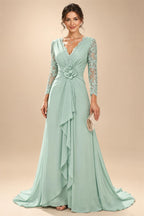 A-Line/Princess V-Neck Chiffon Maxi Mother of the Bride & Groom Dresses with Lace Appliques, Sweep Train, Ruffles, 3D Flowers & Ruched Waist (SHI22501653)