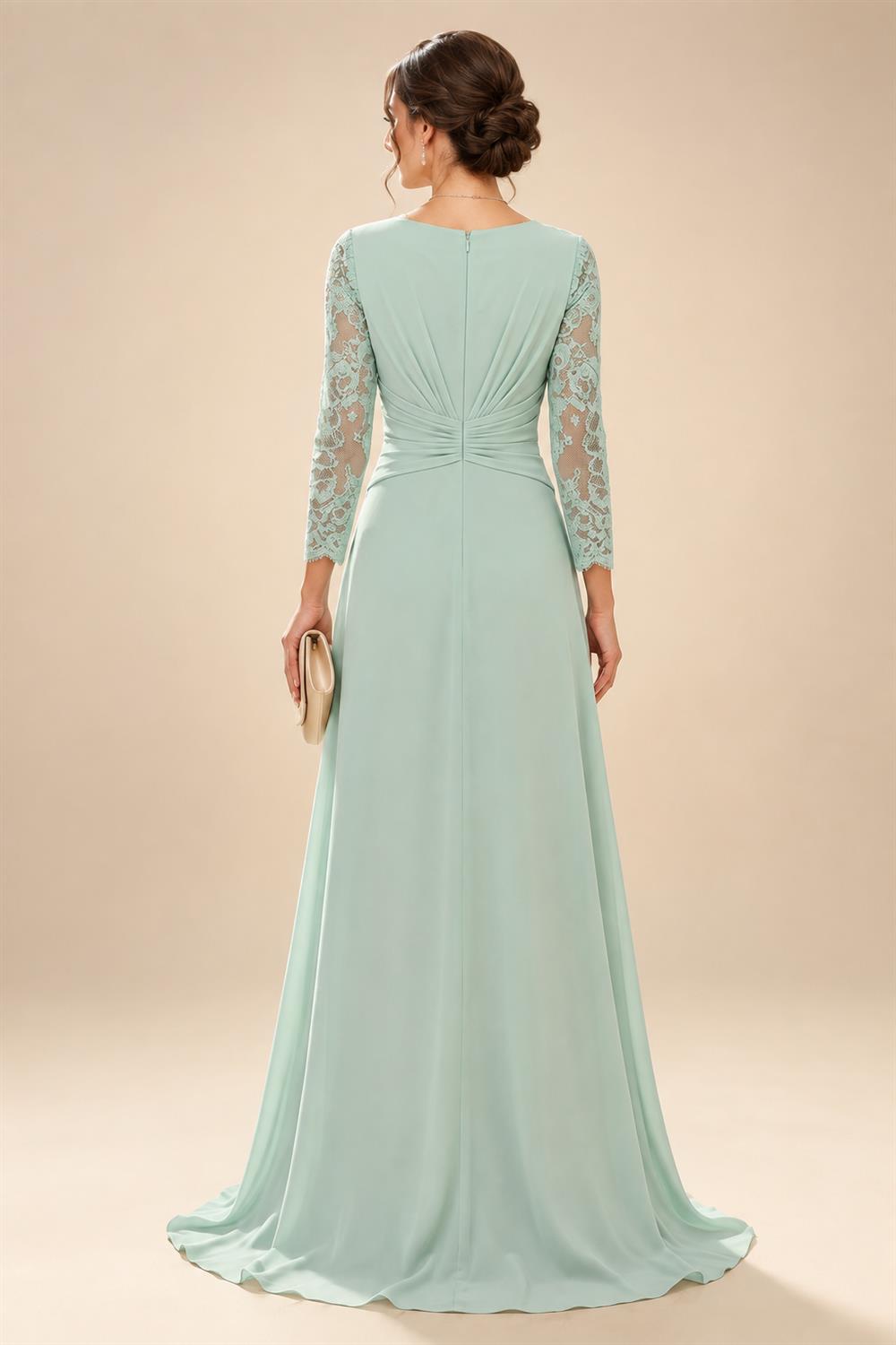 A-Line/Princess V-Neck Chiffon Maxi Mother of the Bride & Groom Dresses with Lace Appliques, Sweep Train, Ruffles, 3D Flowers & Ruched Waist (SHI22501653)