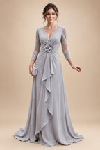 A-Line/Princess V-Neck Chiffon Maxi Mother of the Bride & Groom Dresses with Lace Appliques, Sweep Train, Ruffles, 3D Flowers & Ruched Waist (SHI22501653)