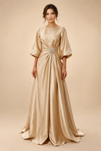A-Line/Princess Scoop Neck Satin Maxi Mother of the Bride & Groom Dresses with Sweep Train, Ruched Waist & Rhinestones (SHI22501654)