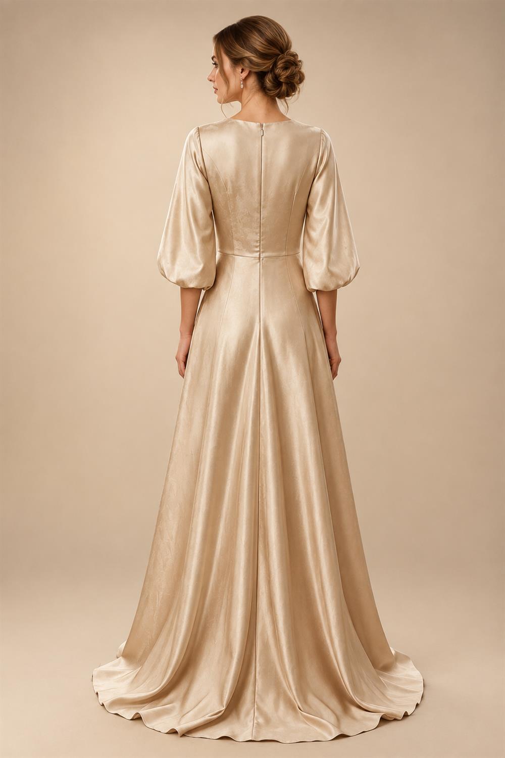 A-Line/Princess Scoop Neck Satin Maxi Mother of the Bride & Groom Dresses with Sweep Train, Ruched Waist & Rhinestones (SHI22501654)