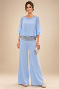 Jumpsuit Scoop Neck Chiffon Floor-Length Mother of the Bride Pantsuits with Rhinestones (SHI22501658)