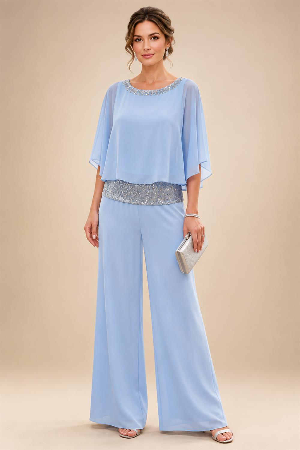 Jumpsuit Scoop Neck Chiffon Floor-Length Mother of the Bride Pantsuits with Rhinestones (SHI22501658)