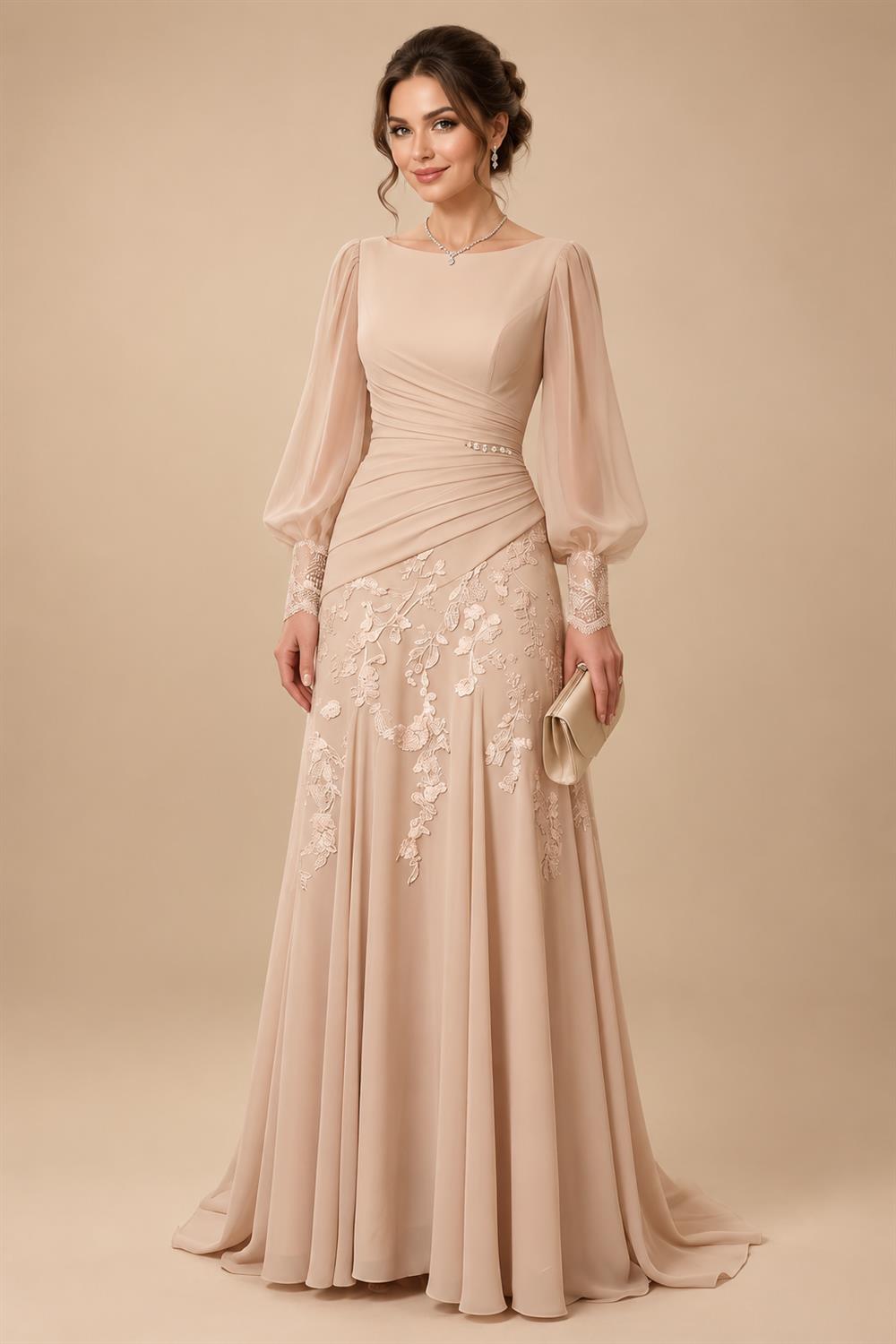 A-Line/Princess Scoop Neck Chiffon Floor-Length Mother of the Bride & Groom Dresses with Lace Appliques & Pleats (SHI22501666)