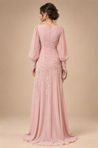 A-Line/Princess Scoop Neck Chiffon Floor-Length Mother of the Bride & Groom Dresses with Lace Appliques & Pleats (SHI22501666)