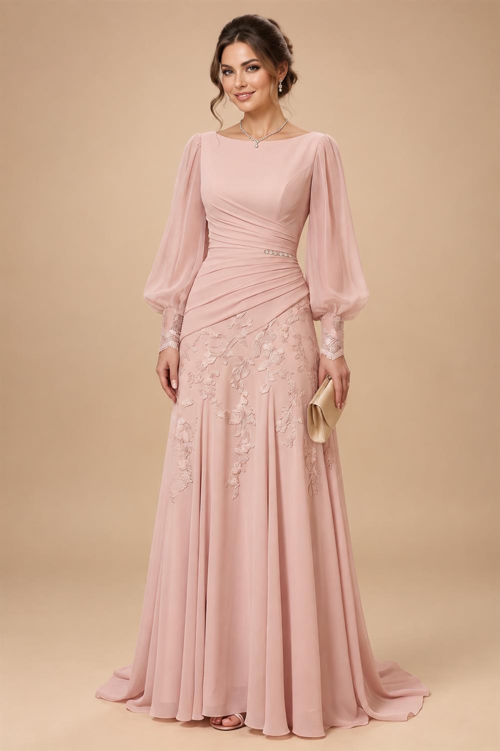 A-Line/Princess Scoop Neck Chiffon Floor-Length Mother of the Bride & Groom Dresses with Lace Appliques & Pleats (SHI22501666)