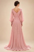 A-Line/Princess V-Neck Chiffon Floor-Length Mother of the Bride & Groom Dresses with Lace Appliques & Pleats (SHI22501670)