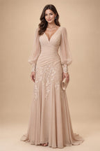 Chiffon Sheath/Column V-Neck Floor-Length Mother of the Bride & Groom Dresses with Lace Embroidery Bodice & Ruched Waist (SHI22501510)