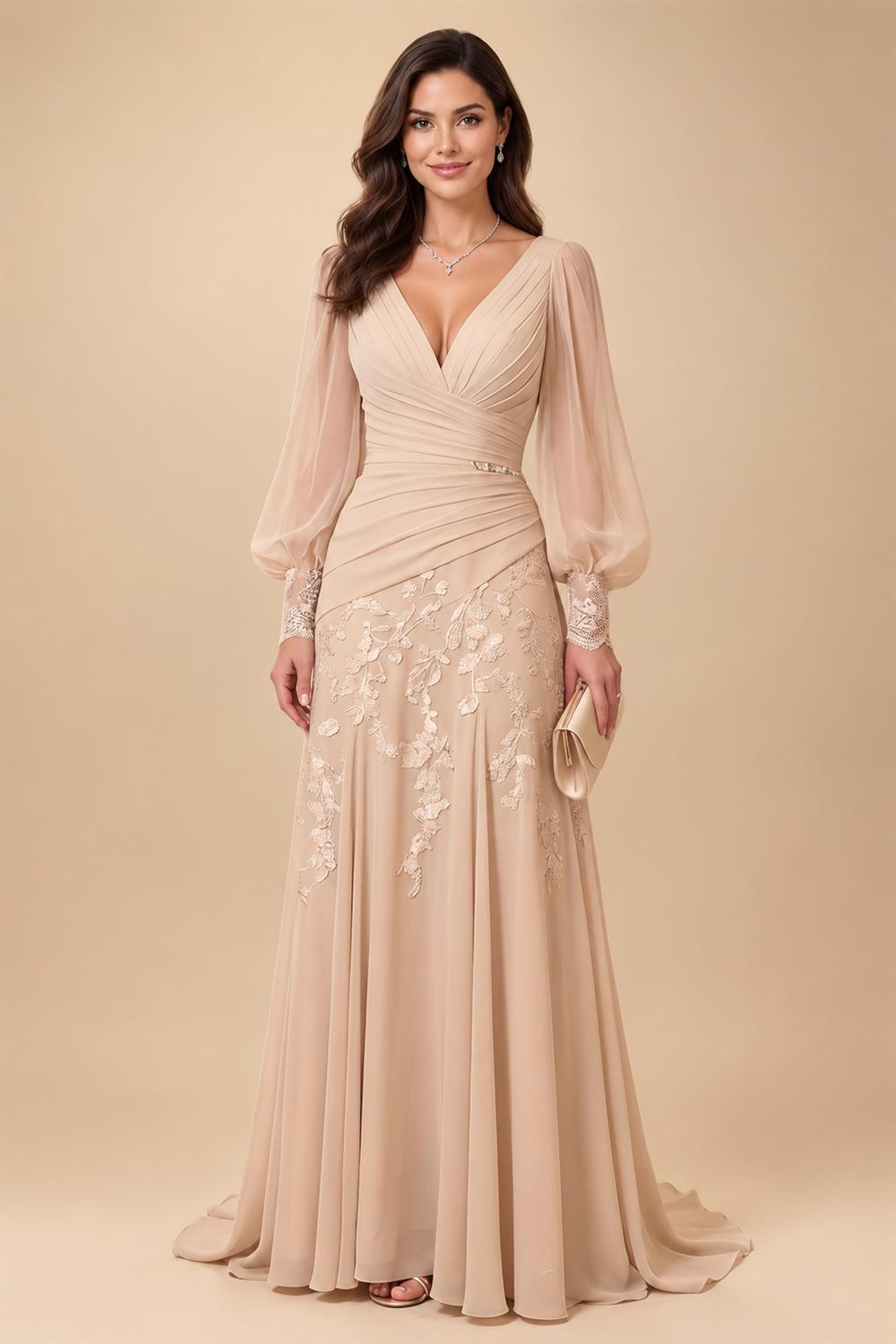 Chiffon Sheath/Column Scoop Neck Floor-Length Mother of the Bride & Groom Dresses with Lace Embroidery Bodice & Ruched Waist (SHI22501513)