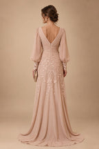 A-Line/Princess Scoop Neck Chiffon Maxi Mother of the Bride & Groom Dresses with Lace Appliques, Sweep Train & Pleats (SHI22501636)